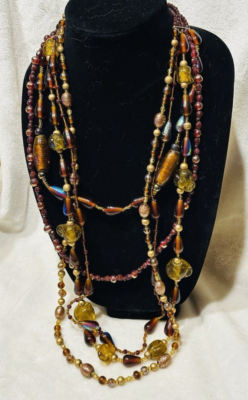 CZECH Art Deco Huge Glass Beads 5 Strand Long Necklace Vtg Brown Amber Boho